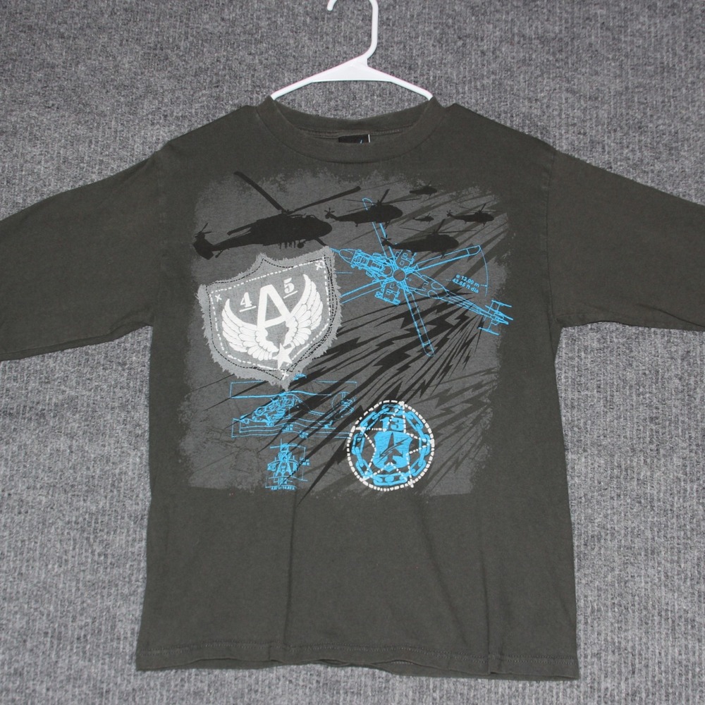 Y2K Top Heavy Boys Graphic T Shirt Long‎ Sleeve Size L Helicopters Air Force